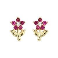 14k Gold Plated Red Flower CZ Children Stud Earrings with Screw-back