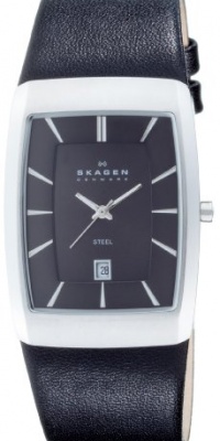 Skagen Black Leather Rectangle Case Watch 690Lslb