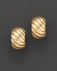 Yellow gold ribbed huggie earrings. With signature ruby accent. Designed by Roberto Coin.