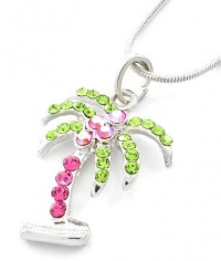 Gorgeous Colorful Green, Light and Dark Pink Crystal Palm Tree Pendant Necklace - Silver tone