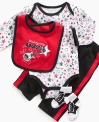 This bodysuit, pants, bib and sock set by Cutie Pie will have your little rockstar moving and grooving in adorable style.