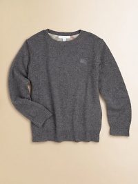 A classic crewneck sweater, crafted in luxe cashmere, with checkered elbow patches.Ribbed crewneckLong sleevesPullover styleRibbed cuffs and hemCashmereDry cleanImported