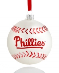 Bring year-round cheer to Philadelphia with the MLB baseball ornament from Kurt Adler. It's a guaranteed hit with Phillies fans in red and white glass.