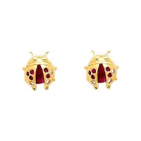 14k Gold Plated Red Ladybug CZ Children Stud Earrings with Screw-back