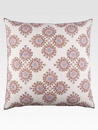 Lacy periwinkle medallions are brightly hand block printed on this pretty pillow with hand-stitched details and edging.Hidden zip closure26 X 26Linen/cottonMachine washImported