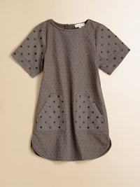 She'll be the star of the playground in a look-at-me dress that combines small and large polka-dots.Back buttonShort sleevesPull-on styleAngled front patch pocketsKnee-lengthCurved hemCottonMachine washImported