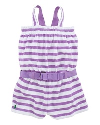 A warm-weather-ready romper is crafted from soft striped terrycloth and features a matching belt and signature pony embroidery.