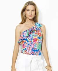 Bright and breezy in a vibrant print, this flirty Lauren by Ralph Lauren top is rendered in light-as-air tissue cotton in an alluring one-shoulder silhouette.