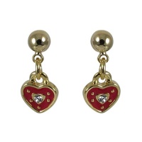 Red Enamel Heart White CZs 18k Yellow Gold Overlay Baby Kids Girls Teens Pierced Post Dangle Drop Earrings