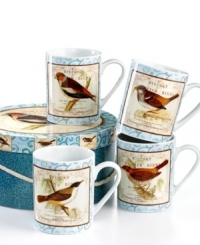 Naturalist prints tell the story of four feathered friends on the British Birds mugs. Vintage styling and watercolor trim add to the set's antique sensibility. With a coordinating box to treat outdoorsy entertainers. (Clearance)