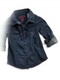 GUESS Little Girl Denim Shirt with Ruffles, DARK STONE WASH (5)