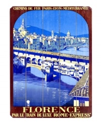 Next stop: Florence. Lit only by stars and soft city lights, the glorious Ponte Vecchio is the featured destination in this vintage ad turned wall art for the Rome Express railway.