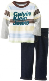 Calvin Klein Boys 2-7 Stripes Twofer Top with Jean 4-7, Brown, 7