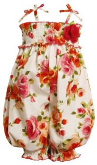 Size-6, Orange, BNJ-8702R, Brush-Stroke Rose Floral Print Smocked Romper,Bonnie Jean Little Girls Party Dress Outfit