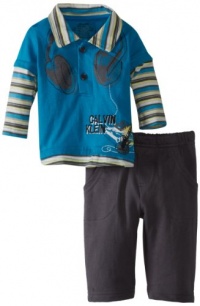 Calvin Klein Baby-Boys Newborn 2-Fer Polo Top With Pants, Blue, 3/6 Months