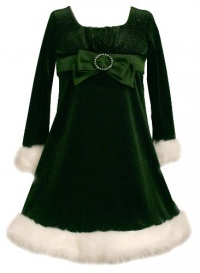 Green Buckle Bow Front Glitter Velvet Santa Dress GR3NA Bonnie Jean Little Girls Special Occasion BNJ Christmas Holiday Santa Dress, Green