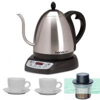 Bonavita BV382510V Electric 1.0 L Gooseneck Variable Temperature Kettle w/ Tea Floating Basket Medium Size & Two 13 Oz White Tiara Cappuccino Cups