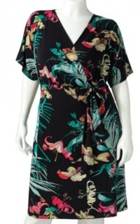 Jennifer Lopez Womens Designer Floral Dress Plus Size 2X Black Watercolor Faux-Wrap