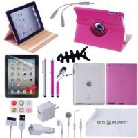 Accessory Bundle for iPad 3 and iPad 2 including Rotating Faux Leather Case / TPU Case / Silicone Case / Earphones / Stylus pens / Chargers / Home Button Stickers / Wire Collector / Screen Protectors / ECO-FUSED® Microfiber Cleaning Cloth (Hot Pink)