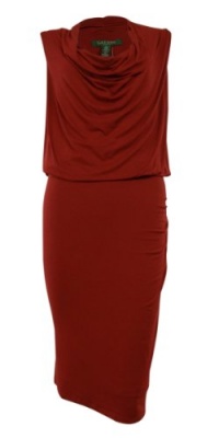 Cowl Neck Ruched Blouson Knit Jersey Dress (12, Red)