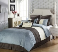 Chezmoi Collection 8 Pieces Beige, Blue and Brown Luxury Stripe Comforter (86x88) Bed-in-a-bag Set Full or Double Size Bedding