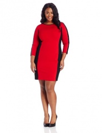 DKNYC Women's Three Quarter Sleeve Dress with Faux Leather Piecing, Haute Red, 08