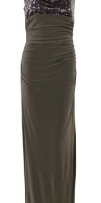 Cowl Neck Sequined Ruched Jersey Full Length Dress (12, Fawn)