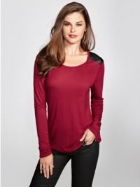 GUESS Women's Long-Sleeve Faux-Leather Contrast Top, RED WINE (XS)