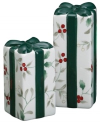 All wrapped up in a classic holly print, Winterberry salt and pepper shakers from Pfaltzgraff are a festive gift to the holiday table.