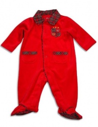 Little Me Traditional Boys Coverall - Red Velour with Plaid Trim! (Size - 3 Months)