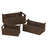 Household Essentials Hand-Woven Paper Rope Baskets with Wood Handles, Dark Brown Stain, Set of 3