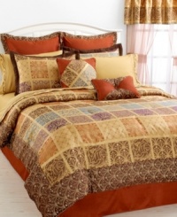 Evoking a distinct Moroccan feel, this Villa Di Como comforter set boast eclectic designs in a fierce palette of red, brown and gold. Touches of purple and blue and multi-colored decorative twisted cord enhance the pieces for an artistic presentation. Comes complete with everything you need to revive your bedroom in rich style.