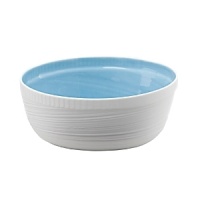 Echoing a painter's brush strokes, the subtle lines on this sky blue cereal bowl captivate the eye.