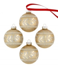 Embellished with graceful vines and glitter, these champagne and silver ball ornaments from Kurt Adler elevate the tree with timeless holiday style.