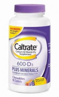 Caltrate 600 Plus D Calcium Supplement Chewable Tablets with Vitamin D and Minerals, Assorted Fruit Flavors, 90-Count Bottles (Pack of 2)