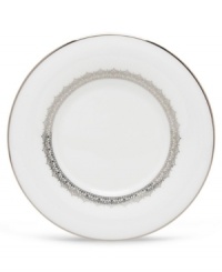 Inspired by the trim on an elegant couture gown, this graceful dinnerware and dishes collection from Lenox features an intricate platinum border that combines harmoniously with white bone china for unparalleled style.