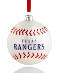 Bring year-round cheer to Texas with the MLB baseball ornament from Kurt Adler. It's a guaranteed hit with Rangers fans in red and white glass.