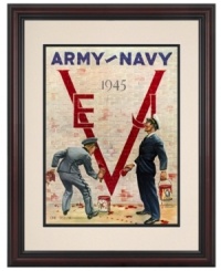 Salute military football heroes with Army-Navy artwork. The Army won the 1945 football contest, but the teams unite on the game's program cover to paint a V for victory in World War II. A cherry-finished frame and double mat complete this classic reproduction.