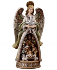 Heralding the birth of baby Jesus, this folk-inspired angel holds the iconic shining star and reveals the story of the nativity. Muted hues and delicate craftsmanship unveil the simplicity of Jesus' birth, as Mary, Joseph, the three kings and two gentle lambs draw near to the newborn babe.