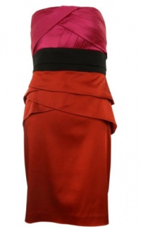 Pleated Tiered Peplum Colorblock Satin Strapless Dress