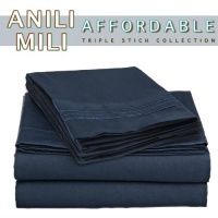 Anili Mili's Triple Stitch Embroidery Affordable 4 PC Bed Sheet Set - Queen Size, Navy Blue