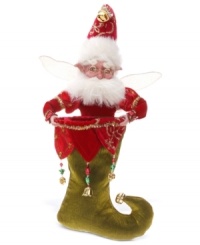 A stocking stuffer like no other, this bespectacled fairy is filled with whimsy from head to elfin toe. With bells, glitter, tinsel and the fantastical look of all Mark Roberts collectibles.