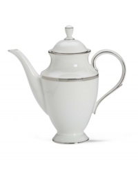 Metropolitan sensibility and modern design combine in this understated white bone china coffee pot from Lenox's collection of dinnerware and dishes. Platinum gild along the edge is enhanced by a clean, platinum geometric pattern reminiscent of architectural accents.