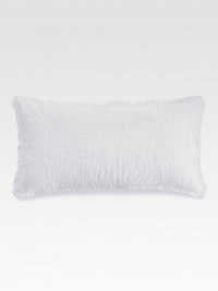 Fashion or function, this pretty, feather-filled pillow, with hand-stitched embroidery, is both comfortable and inviting.Bias-cut, raw-edge ruffle11 X 22Feather fillCotton coverMachine wash coverImported