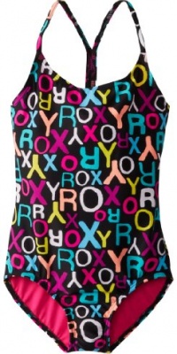 Roxy Girls 7-16 T-Back Logo One Piece Swimsuit, True Black, 8