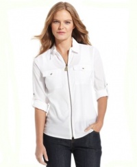 MICHAEL KORS TOP, LONG-SLEEVE ZIP-FRONT BLOUSE WHITE SIZE XL