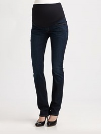 Crisp Italian cotton denim in a dark Paris wash, topped with an ultra-comfy stretch panel waist. THE FITFront rise, 13½ including panel Inseam, about 34½THE DETAILSElastic waist Five-pocket style Tonal signature stitching on back pocket 98% cotton/2% elastane; machine wash Made in USA of imported fabric