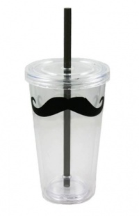 16 oz Mustache Double Walled Reusable Cup with Lid and Straw