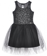 GUESS Kids Girls big girl glitter print tulle dress, BLACK (16)