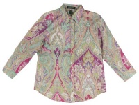 Lauren Ralph Lauren Women's Petite Three-Quarter Sleeve Paisley Cotton Shirt (Medium Petite, Pink Multi)